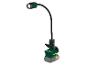 LED-Arbeitsleuchte mit flexiblem Arm und Akkubasis, in grün-schwarzem Design.