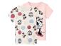 Zwei kurzärmelige Kinder-T-Shirts: ein weißes mit Minnie-Maus-Muster und Punkten, und ein rosa mit einem großen Minnie-Maus-Aufdruck.