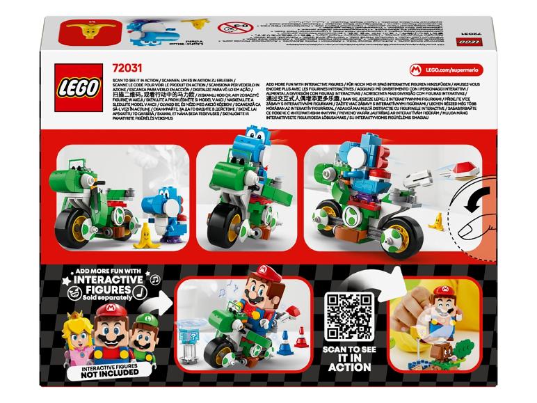 Spielzeugkiste mit grünem und blauem Dinosaurier auf einem Motorrad, mit interaktiven Figuren.