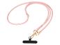 Rosa Handy-Lanyard mit goldenen Details und einem schwarzen Befestigungspatch.