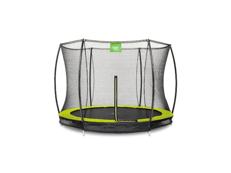 Rundes Trampolin mit Sicherheitsnetz und grünem Randschutz.