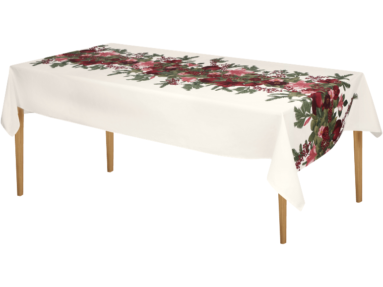Tischdecke mit festlichem Blumenmuster in Rot- und Grüntönen
