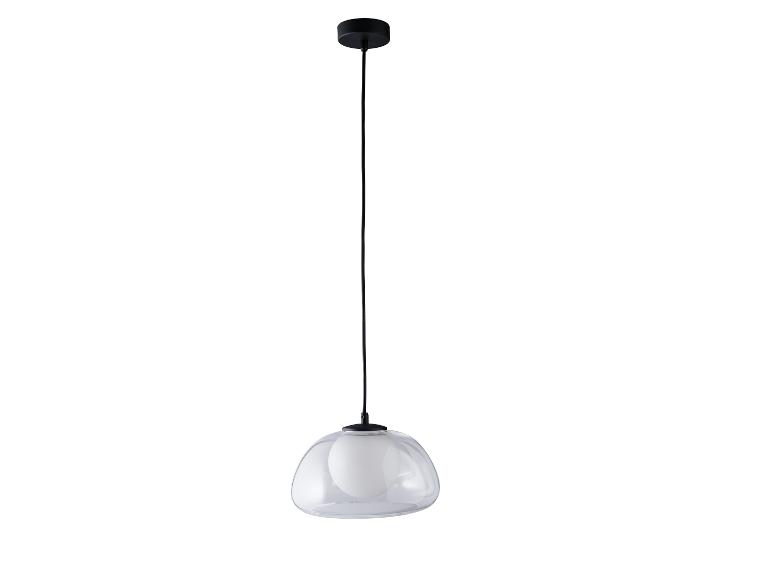 Moderne Pendelleuchte mit transparentem Glas und weißem Diffusor.