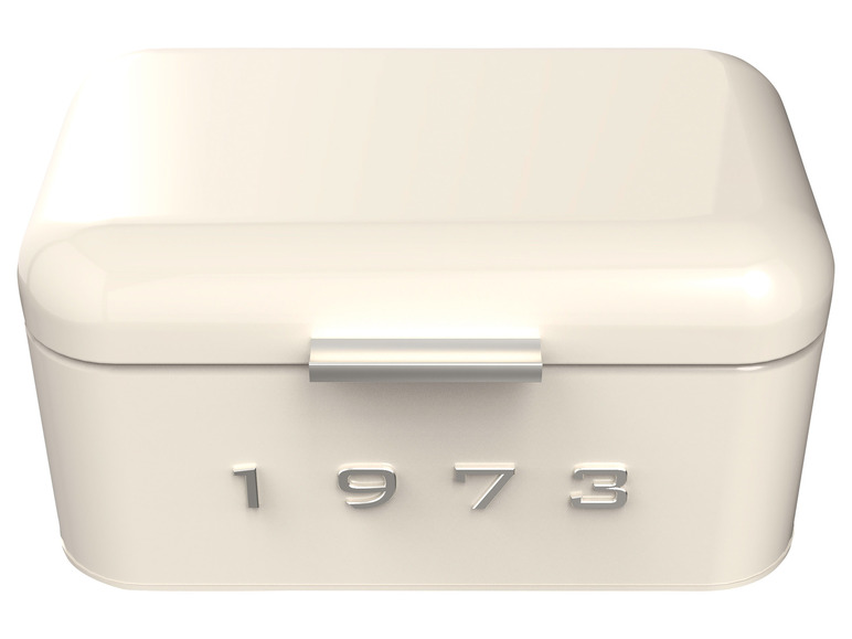 Ein weißer Metall-Brotkasten mit einem silbernen Griff und dem Jahr 1973.