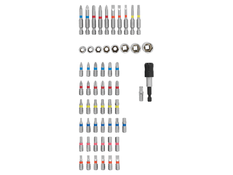 Schraubendreher-Bit- und Steckschlüsselsatz, inklusive Kreuzschlitz-, Schlitz- und Torx-Bits sowie Adapter.