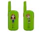 Zwei grüne Walkie-Talkies mit Kinderillustrationen, eines mit einem Mädchen und eines mit einem Jungen.