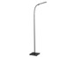Eine schwarze Stehlampe mit einem gebogenen Arm.