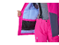 Leuchtend pinker Skianzug für Damen, mit offener Jacke und Hosenträgern.