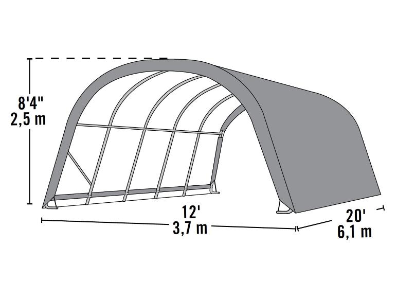 Graues bogenförmiges Lagergebäude mit den Maßen 2,5 m Höhe, 3,7 m Breite und 6,1 m Länge.