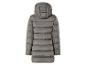 Graue Daunenjacke mit Kapuze.