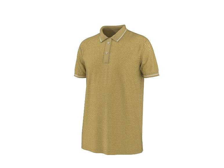 Senfgelbes Herren-Poloshirt mit kurzen Ärmeln und Kragen mit weißen Streifen.