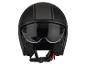 Schwarzer Motorradhelm mit zwei grauen Streifen und transparentem Visier.