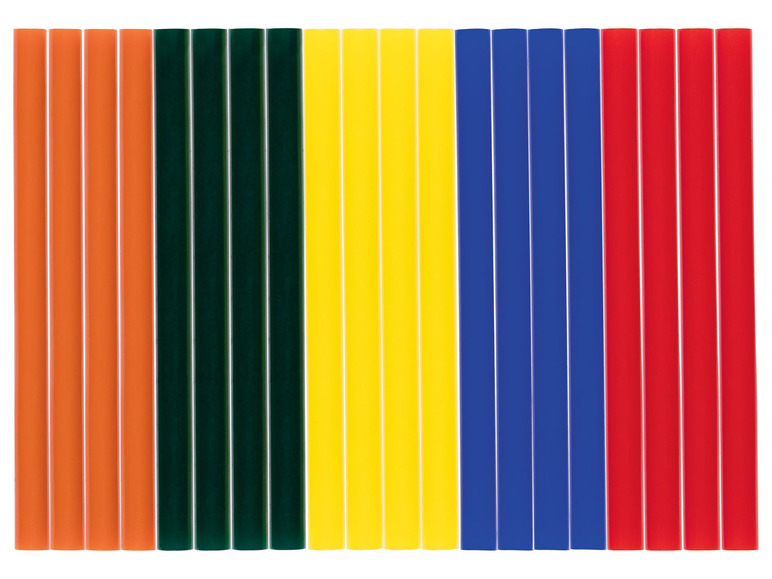 Klebestifte in Orange, Grün, Gelb, Blau und Rot.