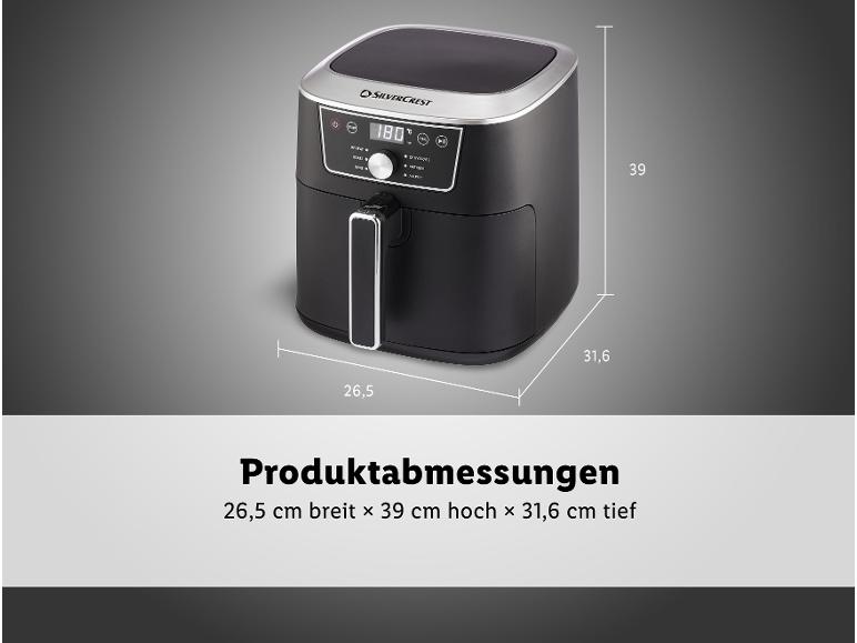 Heißluftfritteuse mit Digitalanzeige und Abmessungen: 26,5 cm breit x 39 cm hoch x 31,6 cm tief.