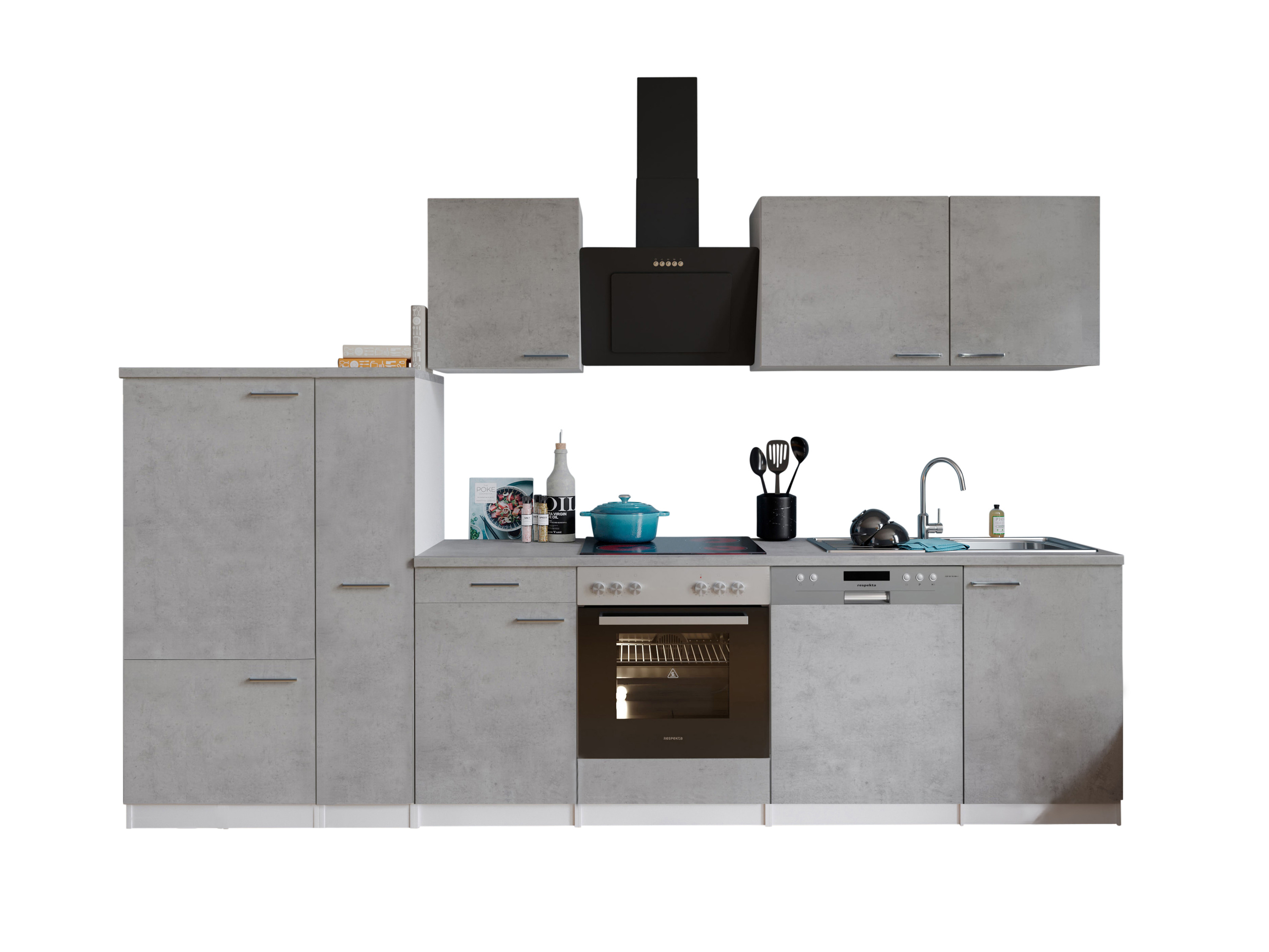 RESPEKTA Küche Malia (glask.kochf., kühlschr., gsp, Beton, 310 cm)""