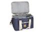 Offene marineblaue Kühltasche mit silbernem Innenfutter und beigen Stoffgriffen.
