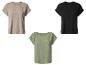 Drei Damen-T-Shirts in Beige, Schwarz und Grün mit kurzen Ärmeln.