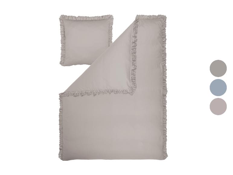 Graues Bettwäsche-Set mit Rüschen und Stickereien, mit Farbmustern.