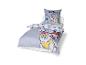 Kinderbettwäsche-Set mit Kissen und Bettdecke, mit Cartoon-Hundemotiven und dem Text „BIG SMILES!“.