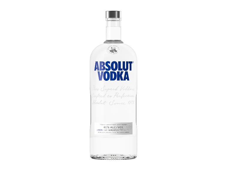 Klare Glasflasche Wodka mit blauem und grauem Text, 40 Volumenprozent Alkohol.