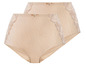 Zwei Paar beige Damen-Slips mit Spitze.