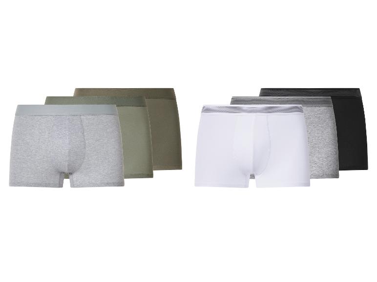 6er-Pack Herren-Baumwollboxershorts in Grau, Grün, Weiß, Melange-Grau und Schwarz.