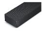 Schwarze Soundbar mit strukturierter Oberfläche und perforierten Seiten.