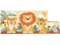 Holzwürfelpuzzle mit Leopard, Löwe, Tiger und Maus im Dschungel.