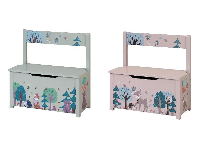 Zwei hölzerne Spielzeugkisten in Form einer Bank, verziert mit Waldtieren.