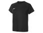 Schwarzes kurzärmeliges Sport-T-Shirt mit Rundhalsausschnitt und weißem Logo auf der Brust.