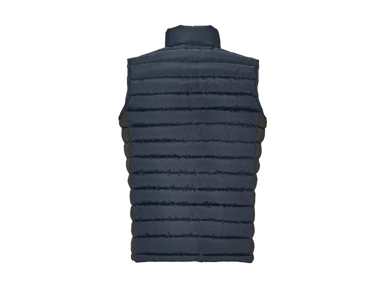 Eine dunkelblaue, gesteppte Weste ohne Ärmel.