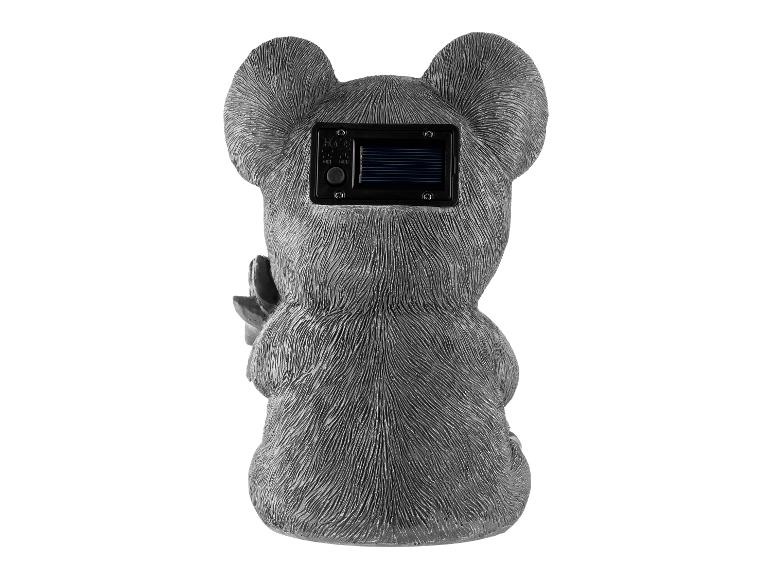 Koala Solarleuchten-Gartendekoration, Rückansicht mit Solarpanel und Ein-/Ausschalter.