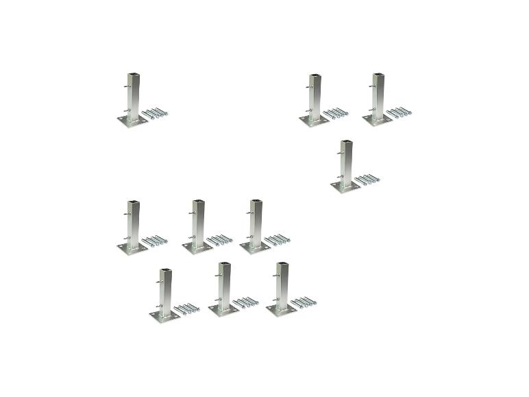 Mehrere Metallpfostenträger mit Vierkantaufnahmen und Ankerbolzen.