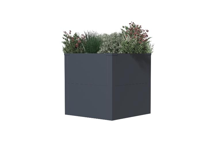 Dunkelgrauer Pflanzkübel mit verschiedenen Pflanzen, darunter Gräser und Sträucher mit roten Beeren.