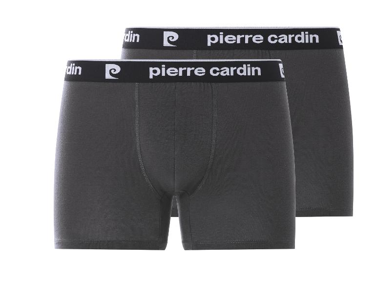 Zwei dunkelgraue Herren-Boxershorts mit schwarzem Bund und weißem Schriftzug.