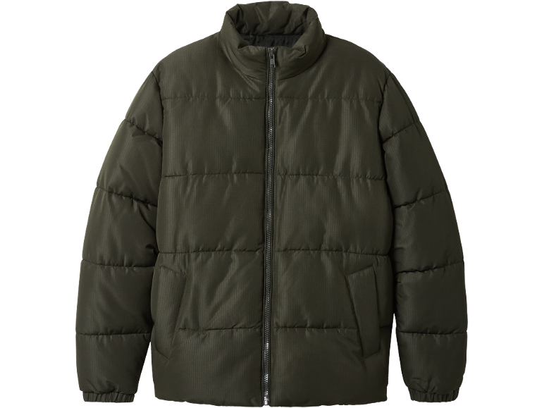 Dunkelgrüne Steppjacke mit Reißverschluss vorne.