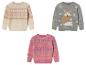 Pullover für Kinder: beige mit geometrischem Muster, grau mit Fuchs und rosa Ombre.