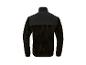 Schwarze Fleecejacke mit Stehkragen und kontrastierenden Schulterpartien, Rückansicht.