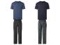 Zwei Herren-Pyjama-Sets: blaues T-Shirt mit dunkelgrauer Hose und dunkelblaues T-Shirt mit gemusterter Hose.
