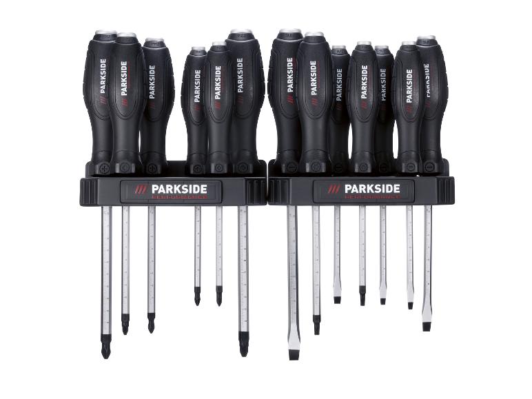 Schraubendreher-Set mit verschiedenen Phillips-, Pozidriv-, Torx- und Schlitzspitzen, in schwarzem Ständer.