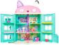 Buntes, dreistöckiges Puppenhaus im Katzen-Design mit Zubehör und Figuren.