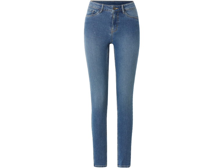Blaue Damenjeans mit fünf Taschen und Knopfverschluss.