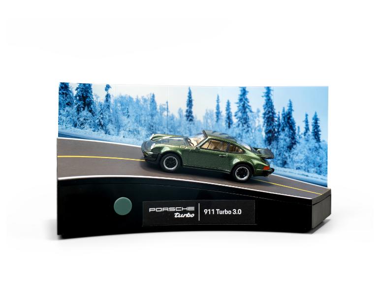 Grünes Porsche 911 Turbo 3.0 Modellauto auf einem Ständer mit Winterhintergrund.
