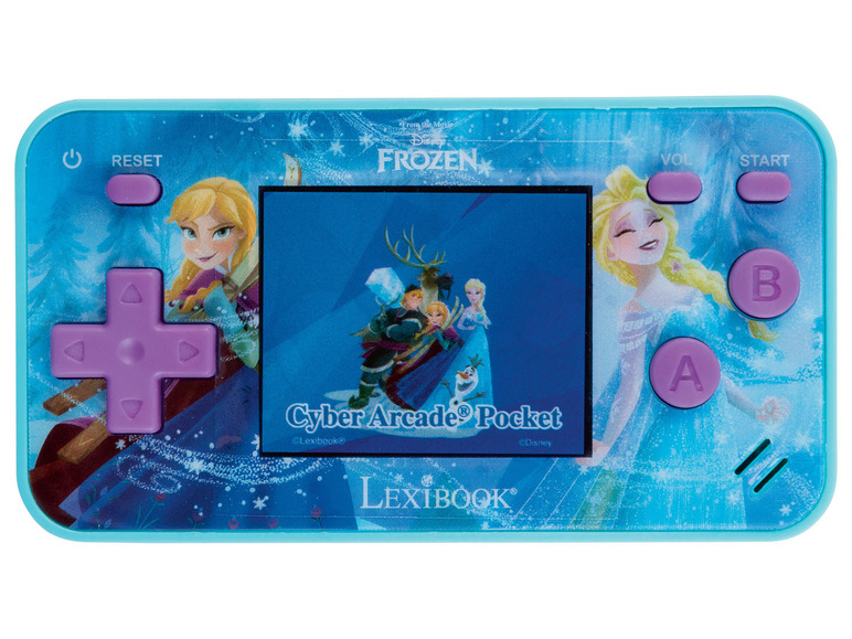 Ein blaues Frozen Cyber Arcade Pocket Handheld-Spiel von Lexibook mit Bildern von Elsa und Anna.