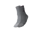 Ein Paar graue Sportsocken mit lila Logo und Schriftzug.