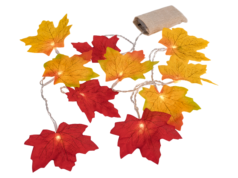 Herbstliche Lichterkette mit Blättern in Rot- und Orangetönen, batteriebetrieben.
