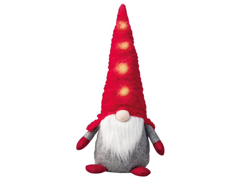 Weihnachtlicher Dekozwerg mit roter beleuchteter Mütze und weißem Bart.