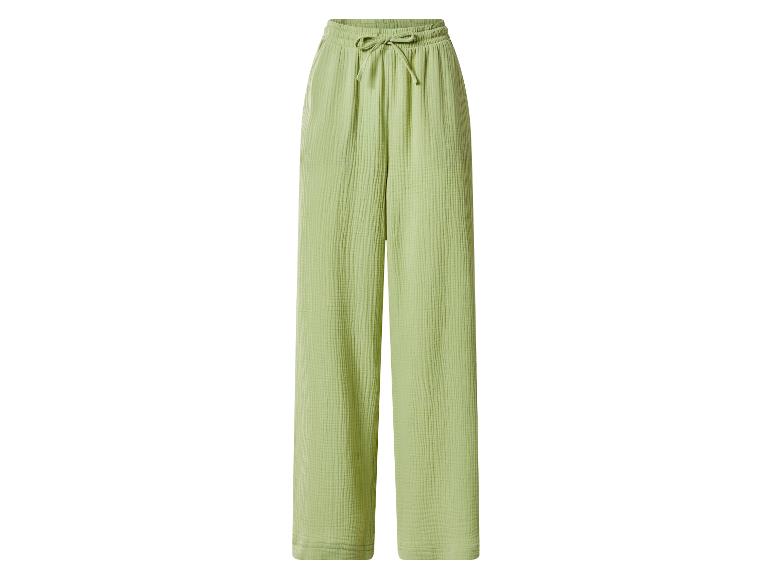 Grüne Musselin-Hose mit weitem Bein und Kordelzug in der Taille.