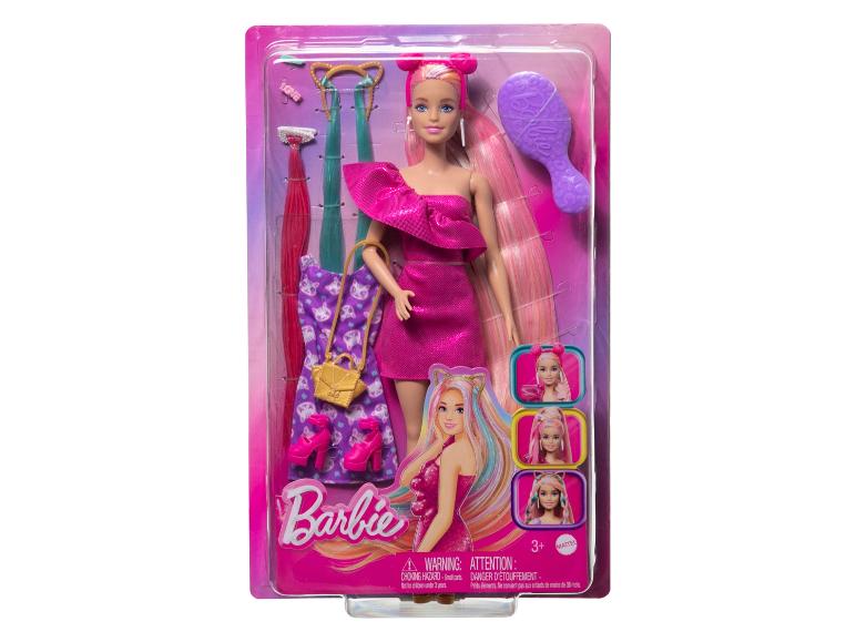 Barbie-Puppe mit Mode- und Haaraccessoires, inklusive Bürste und zusätzlicher Kleidung.