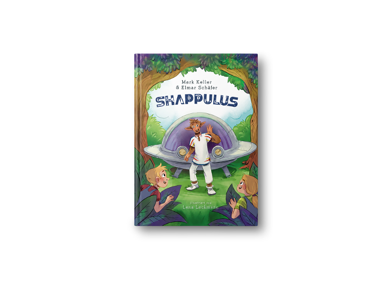 Kinderbuchcover „SHAPPULUS“ mit Alien, UFO und zwei Kindern.